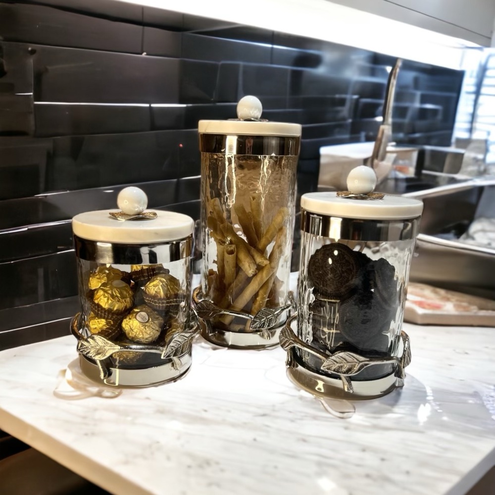 Hammered Glass Canister with Silver Leaf Branch & Marble Ball Lid (3 Sizes)